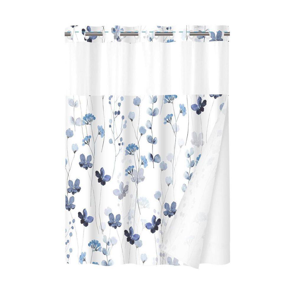 Watercolor Floral No Hook Shower Curtain with Snap in Fabric Waterproof Liner Blue Flowers White Cloth 71x 74 price history on PriceWatchPro