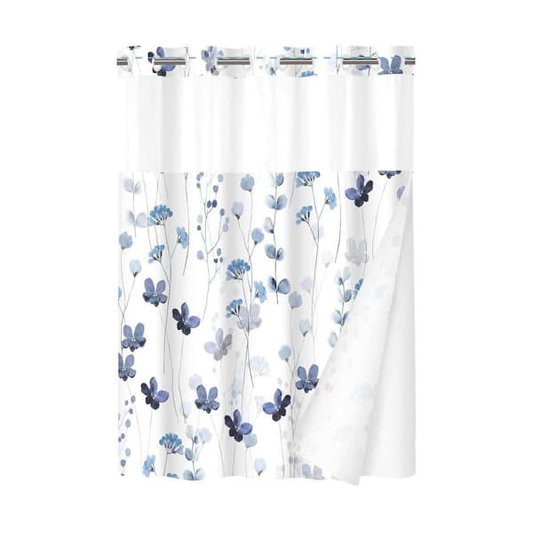 Watercolor Floral No Hook Shower Curtain with Snap in Fabric Waterproof Liner Blue Flowers White Cloth 71x 74
