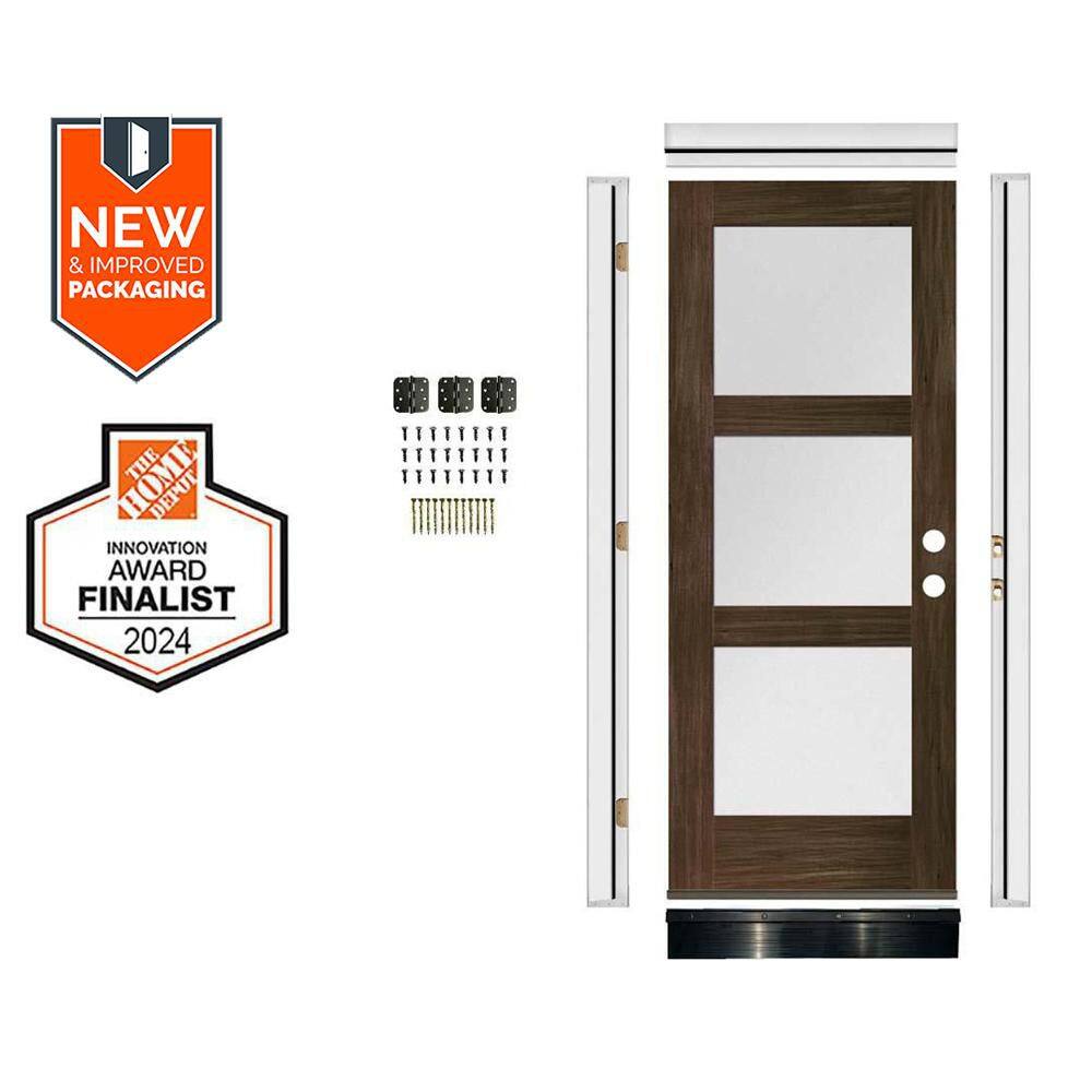 DIY 36in.x80in. Modern Left-Handed 3-Lite Frosted Glass Black Stain Hemlock Wood Front Door Kit w/ Quick Assemble Jamb price history on PriceWatchPro