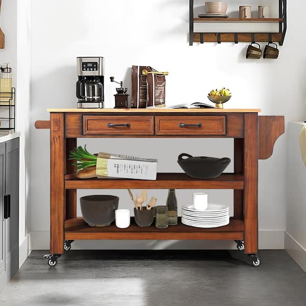 WarmieHomy Solid Wood Natural Top Brown Rolling Kitchen Cart Wine and Spice Rack, 2-Drawers