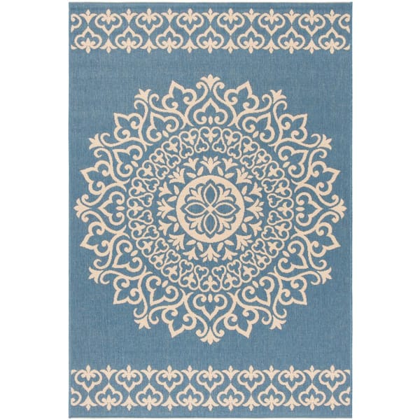 SAFAVIEH Beach House Cream/Blue 5 ft. x 8 ft. Medallion Indoor/Outdoor Patio  Area Rug