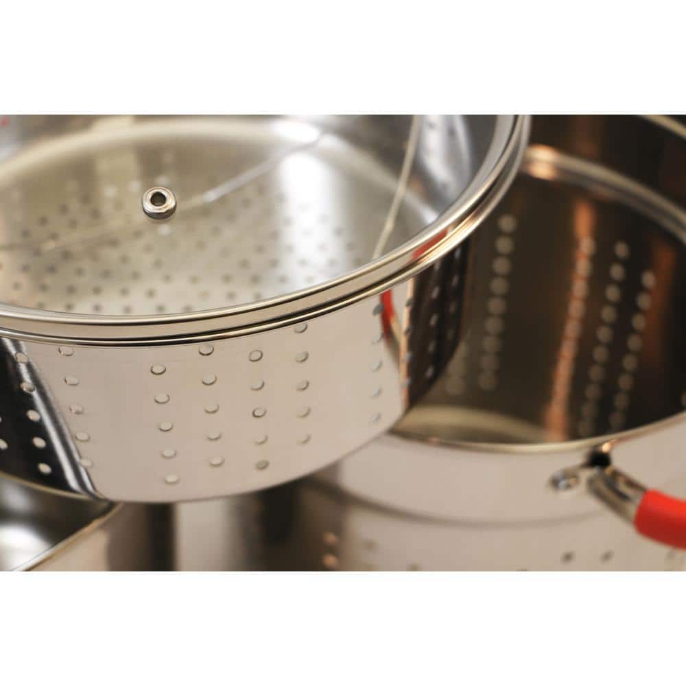 12 Qt Stainless Steel Multi-Cooker with Red Silicone Handles and Basket Insert
