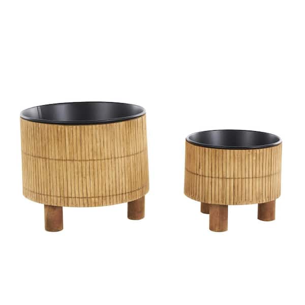 6 in. and 5 in. Small Brown Bamboo Wood Handmade Planter with Black Metal Interior (2- Pair)
