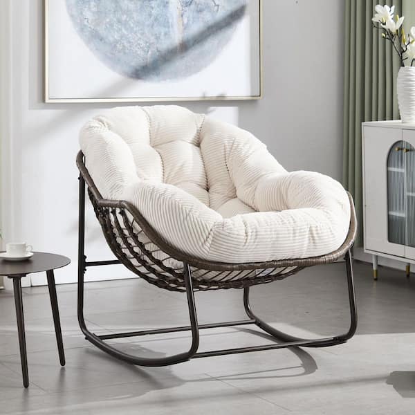 Rattan Metal Outdoor Rocking Chair with Beige Padded Cushion Lounge Chair for Front Porch, Living Room, Patio, Garden