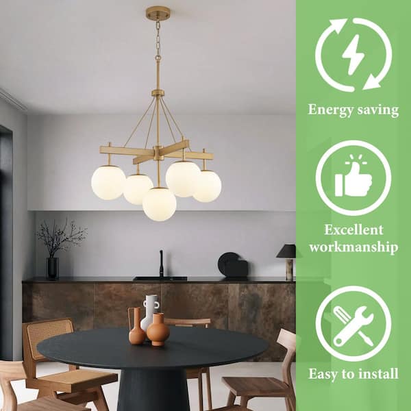 HLJYNJM 5-Light Gold Mid Century Sputnik Chandelier with Milk