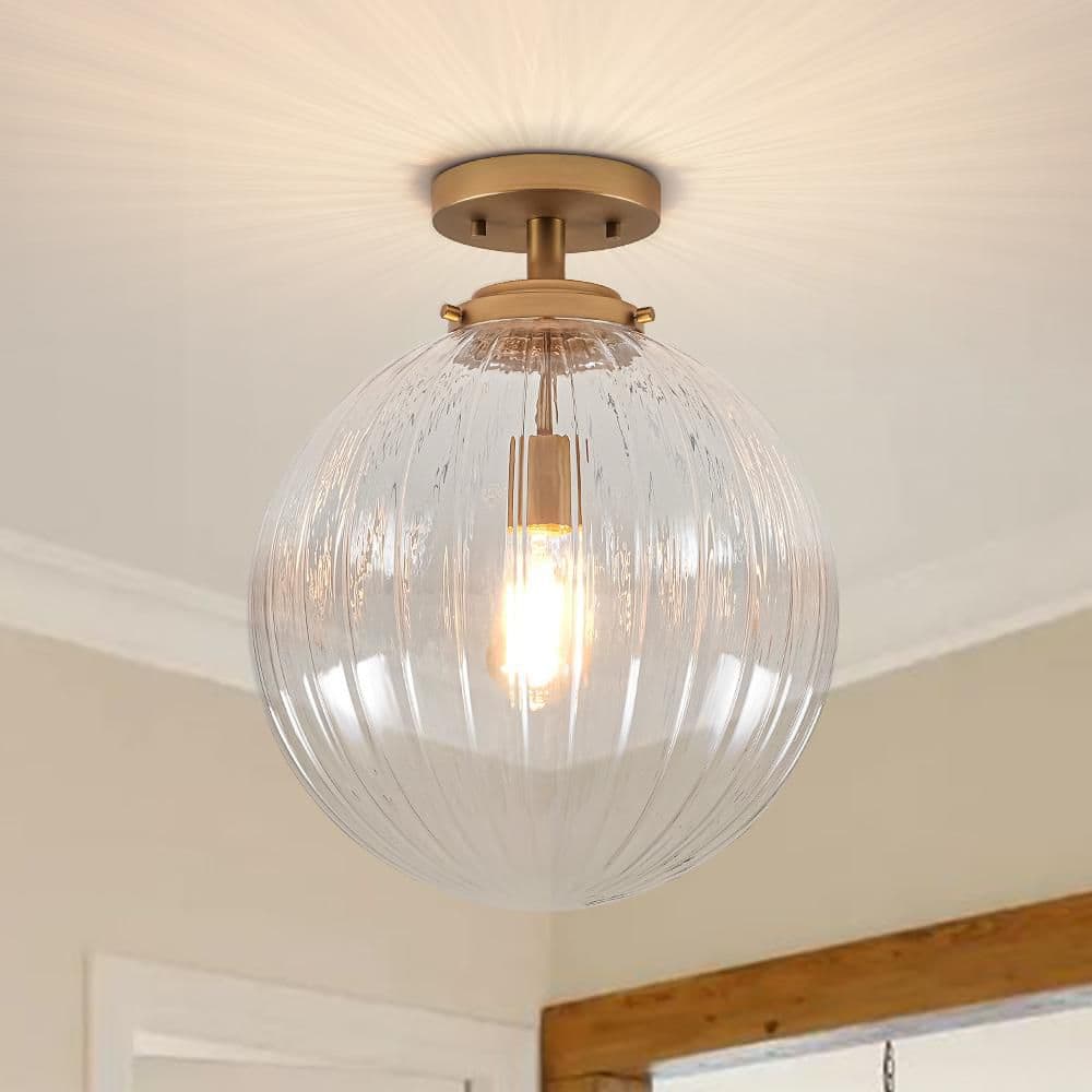 Aura 15 in. 1-Light Brushed Gold Semi-Flush Mount Ceiling Light with Clear Ribbed Glass Shade price history on PriceWatchPro