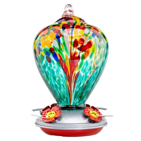 Unbranded Handmade Turquoise Fireworks Glass Hanging Humming Bird Nectar Feeder-34 oz. with Ant Moat (1-Pack)