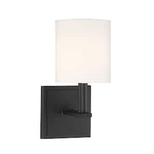 Waverly 5 in. W x 11 in. H 1-Light Matte Black Wall Sconce with White Fabric Cylindrical Shade