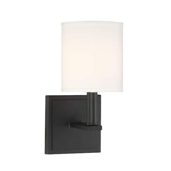 Savoy House Waverly 5 in. W x 11 in. H 1-Light Matte Black Wall Sconce with White Fabric Cylindrical Shade
