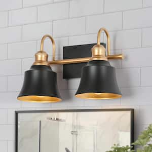 Modern Farmhouse Bathroom Vanity Light, 2-Light Black and Gold Wall Sconce with Metal Shades