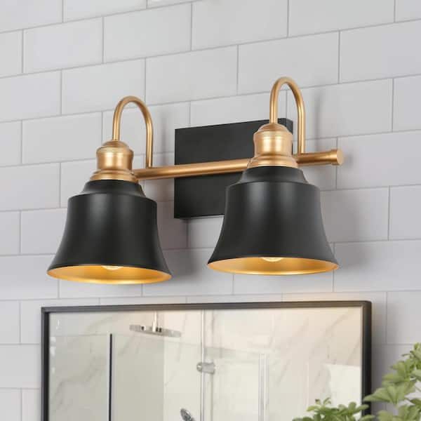 Uolfin Modern Farmhouse Bathroom Vanity Light, 2-Light Black and Gold Wall Sconce with Metal Shades