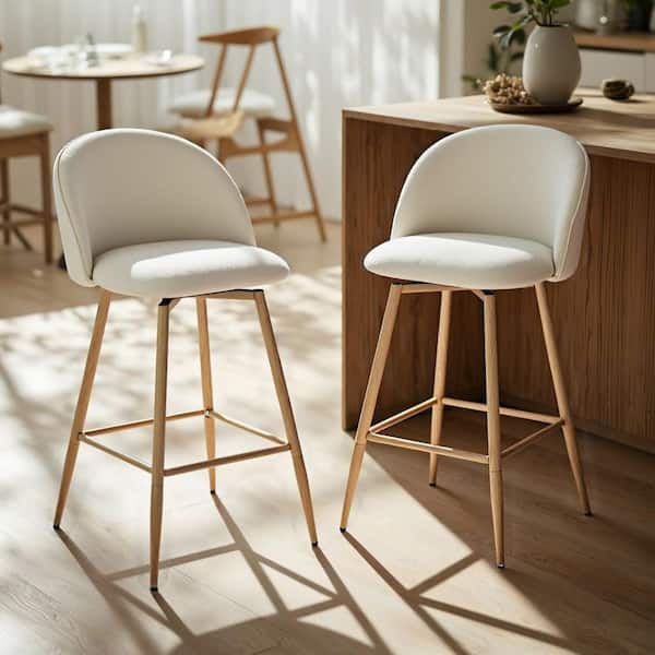 Haseeb 26 in. Modern Swivel Upholstered Counter Height Bar Stool with Curved Back Ivory White Fabric/Oak Legs (Set of 2)
