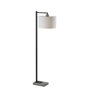 60.75 in. Black and White 1 Light 1-Way (On/Off) Swing Arm Floor Lamp for Liviing Room with Cotton Round Shade