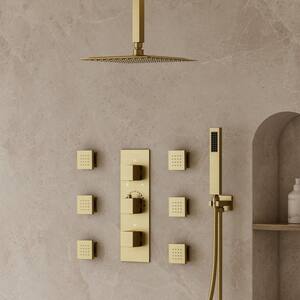 5-Spray Patterns Shower Faucet Set 12 in. Ceiling Mount 2.5 GPM with 6-Jets in Brushed Gold