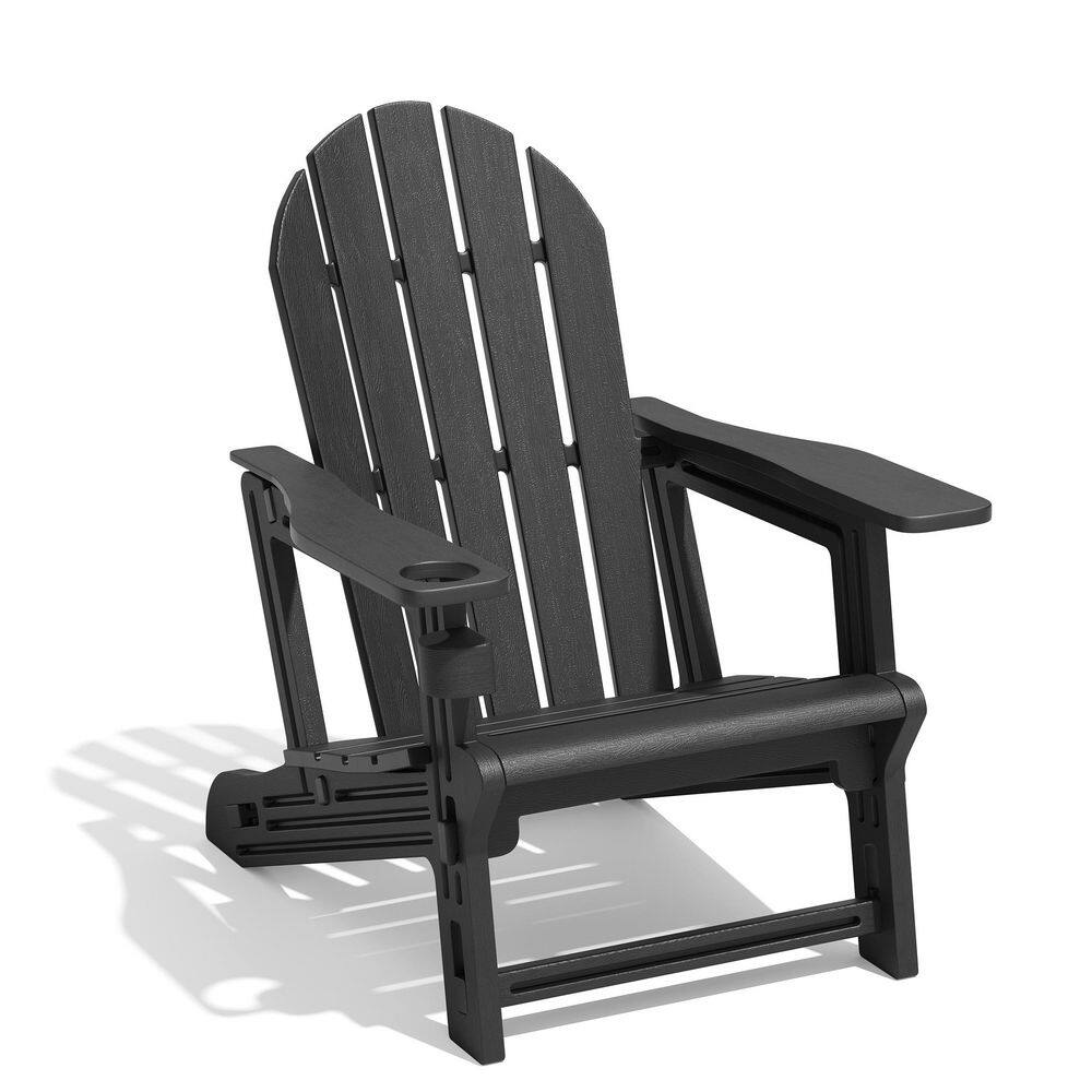 Black Adirondack chair shown from the front against a white background.