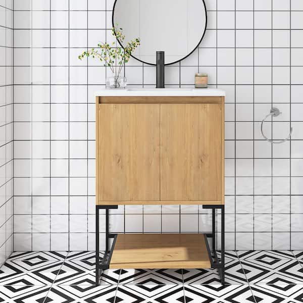 Staykiwi 23.6 in. W x 18.9 in. D x 33.8 in. H Single Sink Freestanding Bath Vanity in F.Oak with White Cultured Marble Top