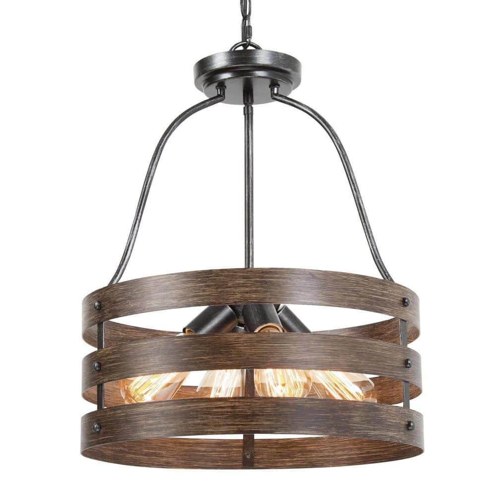 4-Light Wood Grain DrumFarmhouse Chandelier with Rustic Charm