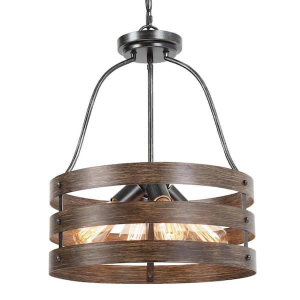 Unbranded 4-Light Wood Grain DrumFarmhouse Chandelier with Rustic Charm