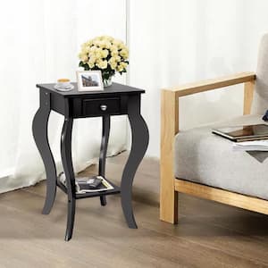 Square Black End Table with Drawer and Bottom Shelf-Black