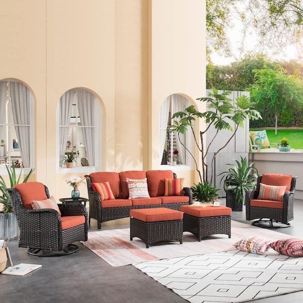 XIZZI Maroon Lake Brown 6-Piece Wicker Patio Conversation Seating Sofa Set with Orange Red Cushions and Swivel Rocking Chairs