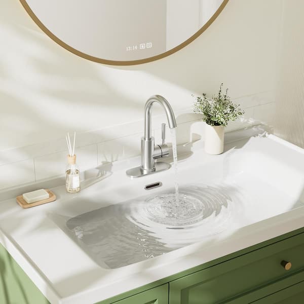 4 in. Single-Handle Bathroom Sink Faucet with Deck Plate and Metal Drain, 360-Degree Rotation Spout in. Brushed Nickel