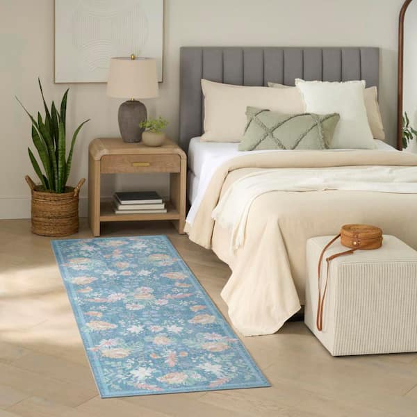 Botanical Washables 2 ft. x 6 ft. Blue Multicolor Floral Contemporary Runner Area Rug