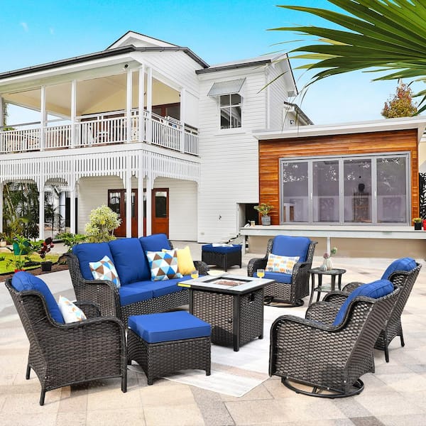 HOOOWOOO Oreille Brown 9-Piece Wicker Outdoor Firepit Patio Conversation Sofa Set with Swivel Rockers and Navy Blue Cushions