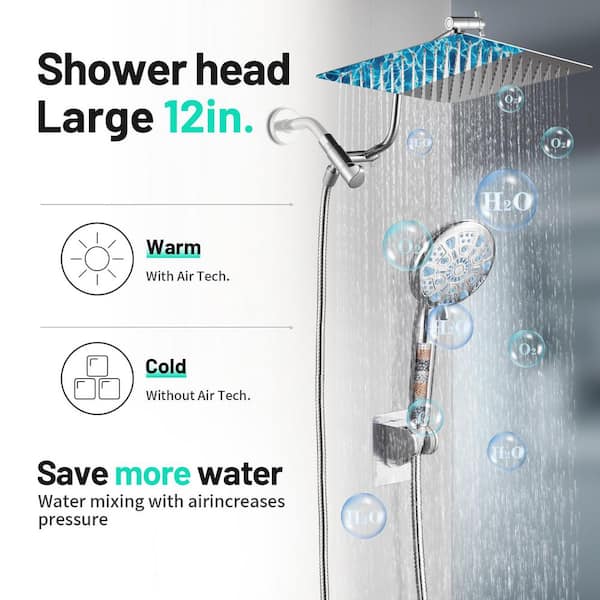 9-Spray Rainfull 2-in-1 Patterns Adjustable Fixed Shower Head with Filter 1.8 GPM and Handheld Shower Head in Chrome