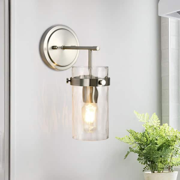 Nafissa 7.87 in. 1-Light Brushed Nickel Wall Light with Cylinder Clear Hammered Glass Shade for Bathroom Living Room