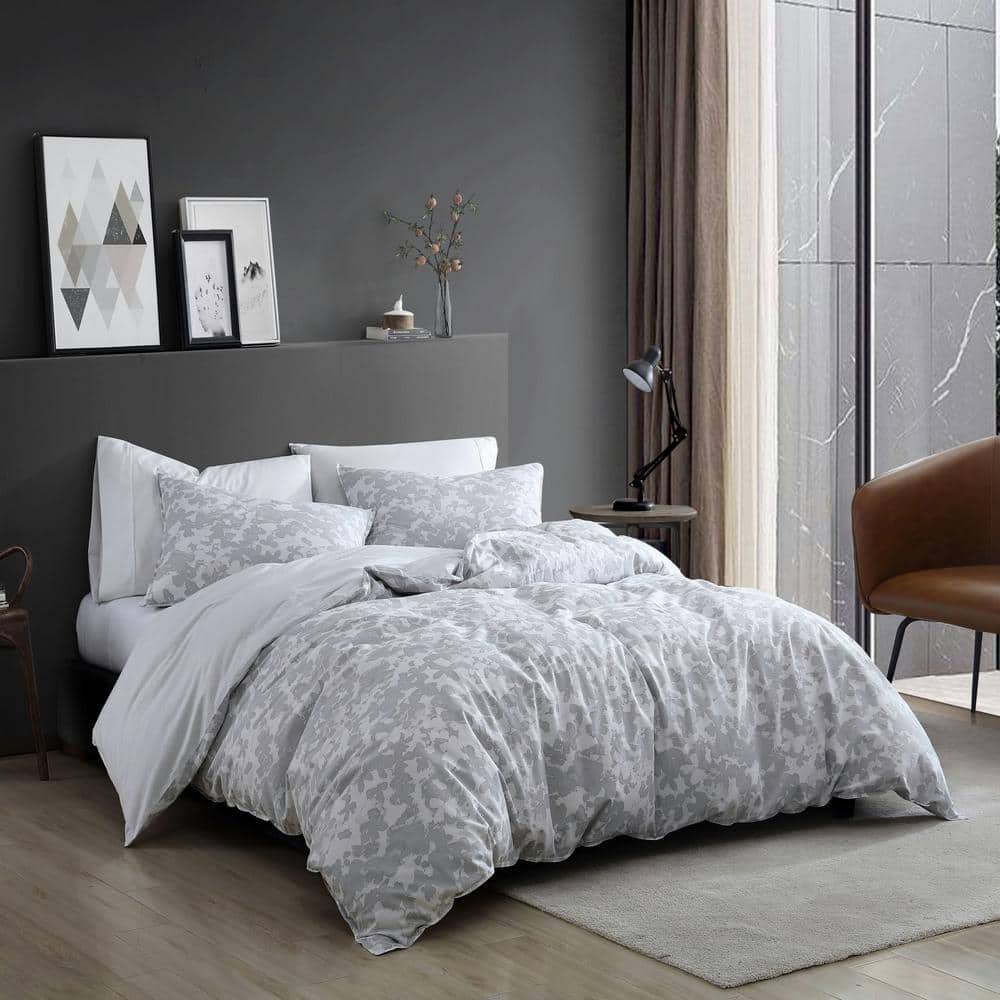 King Size Organic Cotton Grey Floral Duvet Cover Set