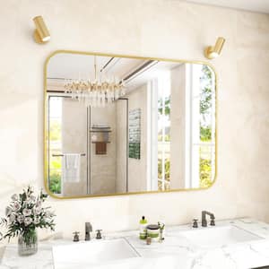 30 in. W x 39 in. H Rectangular Modern Aluminum Alloy Framed Rounded Gold Wall Mirror