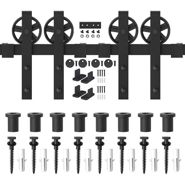 WINSOON 11 ft. /132 in. Frosted Black Sliding Barn Door Track and Hardware Kit for Double Doors with Non-Routed Floor Guide