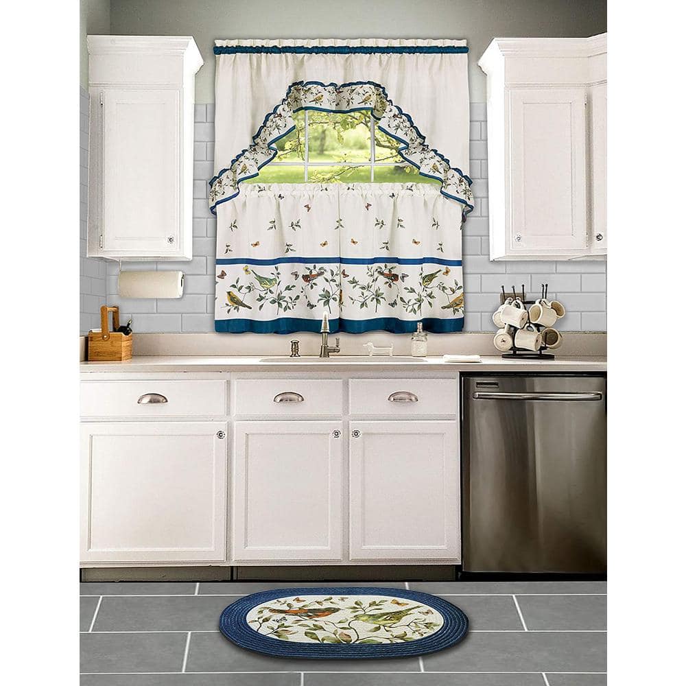 Blue and White Bird Pattern Sill Length Tier Curtain Set