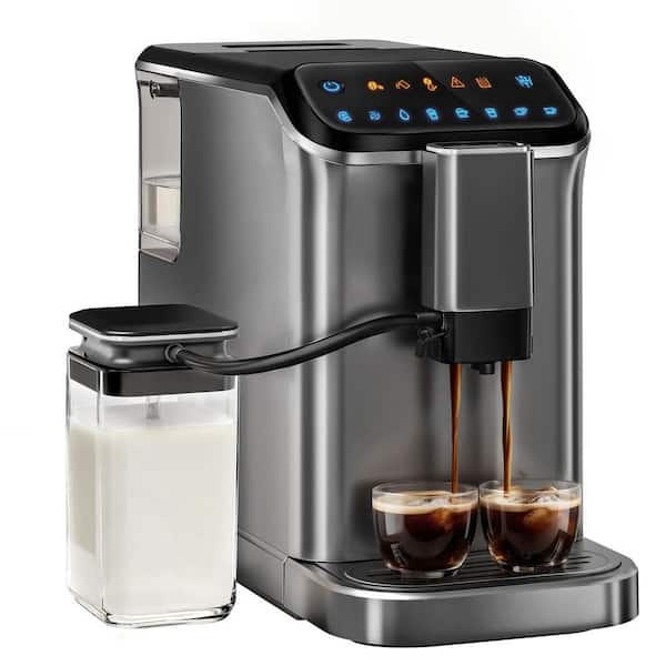 2-Cup Silver Fully Automatic Espresso Machine with 15-Grind Settings and Manual Milk Frothing