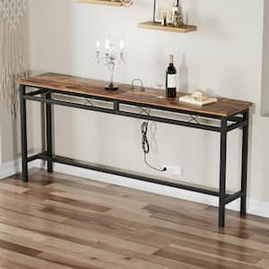 71 in. Narrow Sofa/Console Table with Charging Station and Power Outlet and USB Ports, Metal Frame, Brown