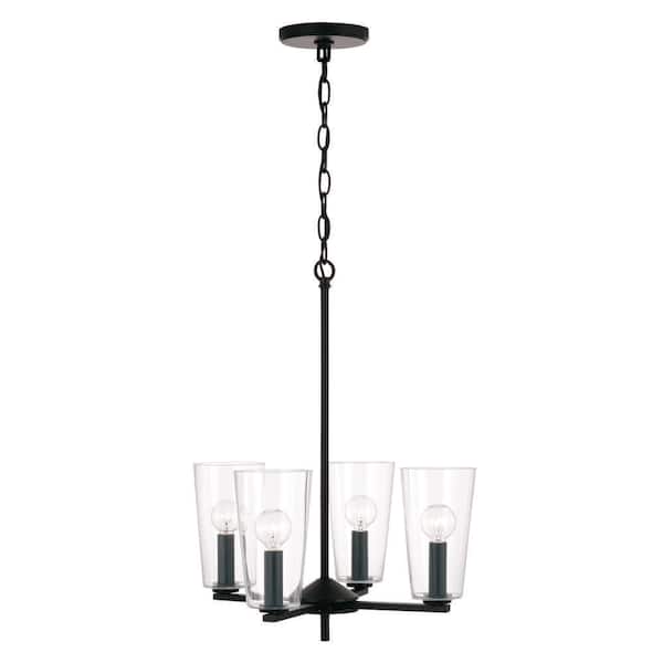 HOMEPLACE LIGHTING Portman 17.5 in. W x 21 in. H 4-Light Pendant Chandelier in Matte Black with Clear Glass