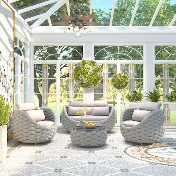 28 in. W Light Gray Round Rock Slab Aluminum Coffee Table Outdoor Patio Caht Sets without Umbrella Hole with Cushions