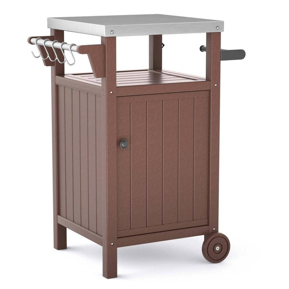  Outdoor Stainless Steel Tabletop 1 Door Grill Cart for BBQ, Patio Cabinet with Wheels, Hooks and Side Shelf in Brown