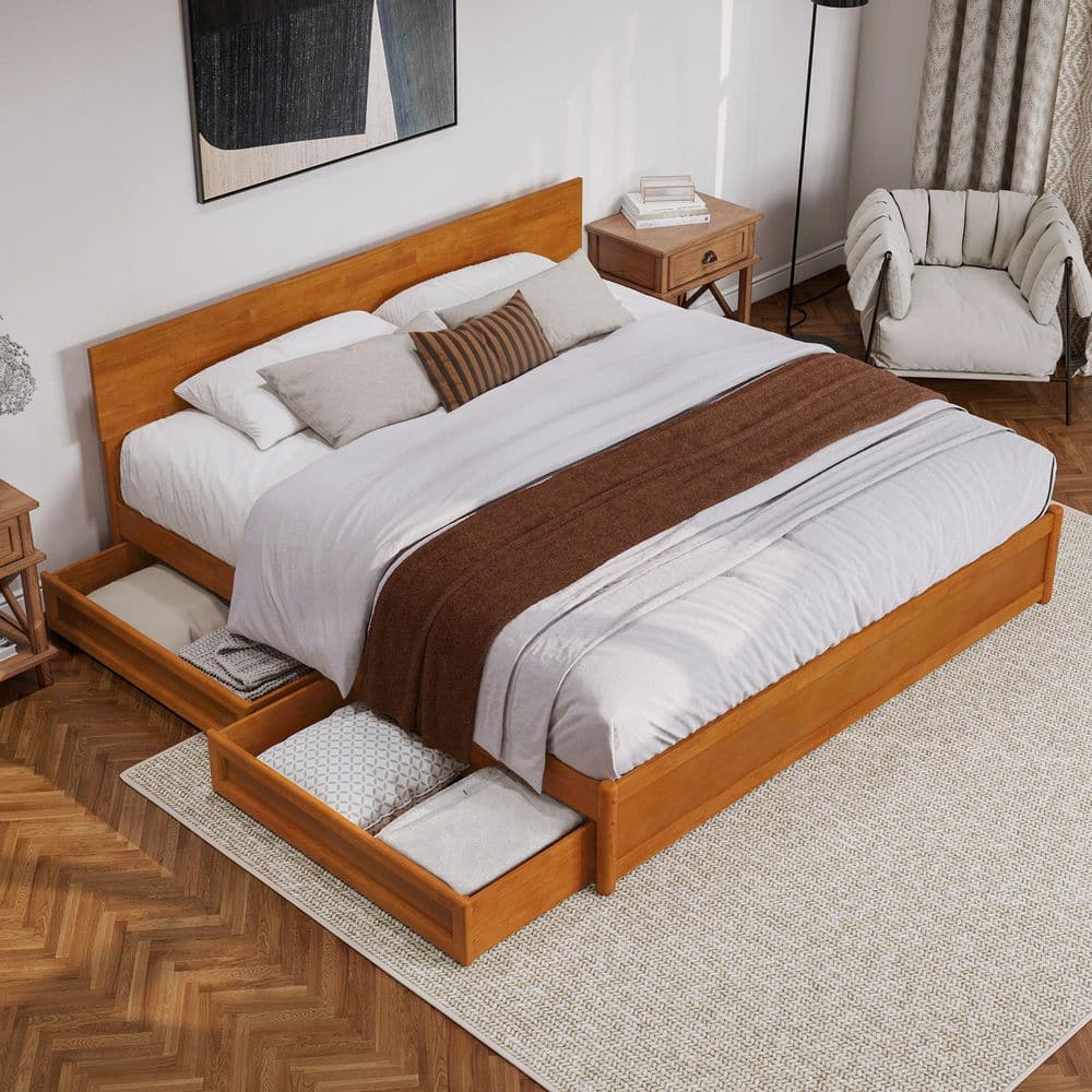 Wesley King Light Toffee Wood Platform Bed with Storage Drawers