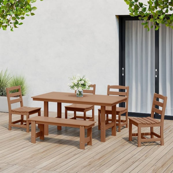 Shoreside 6-Piece All Weather HDPE Plastic Outdoor Patio Dining Set w/ Side Chairs and Bench, Teak