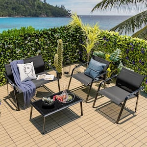 4-Piece Metal Patio Conversation Set Loveseat Sofas Armrest Glass Table Deck Black