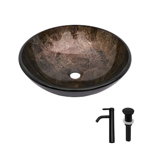 16.5" Round Tempered Glass Vessel Sink Combo – Brown Artistic Bowl With Faucet, Pop-Up Drain & Mounting Ring