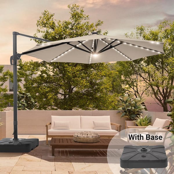 11 ft. Round Solar LED Aluminum 360-Degree Rotation Cantilever Offset Outdoor Patio Umbrella with a Base in Sand