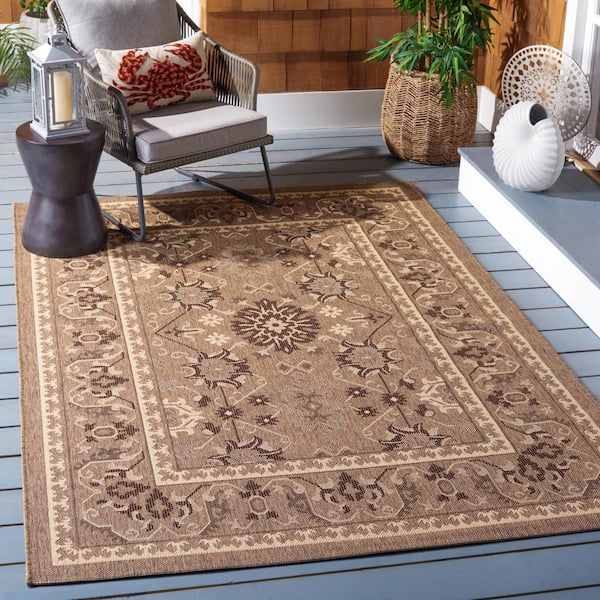 Courtyard Brown/Cream Doormat 2 ft. x 4 ft. Border Floral Indoor/Outdoor Area Rug