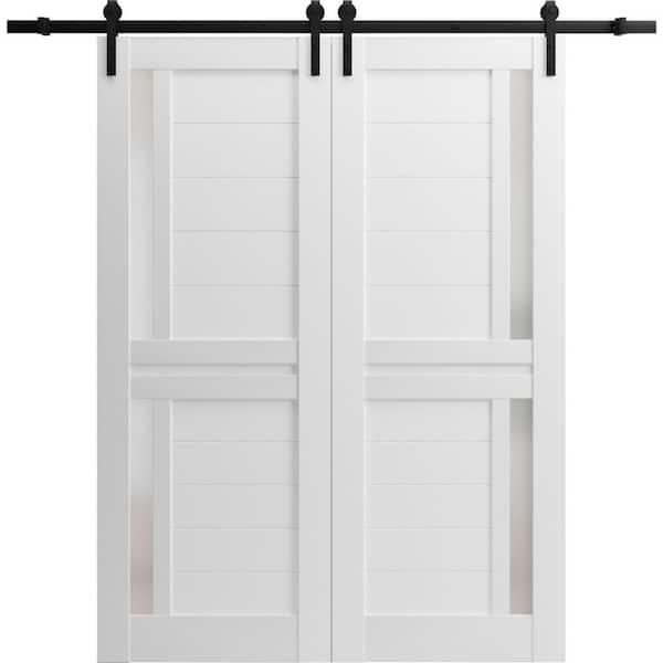 Sartodoors 24 in. x 80 in. 2 Panel Frosted Glass White Solid Wood Sliding Barn Door with Hardware Kit