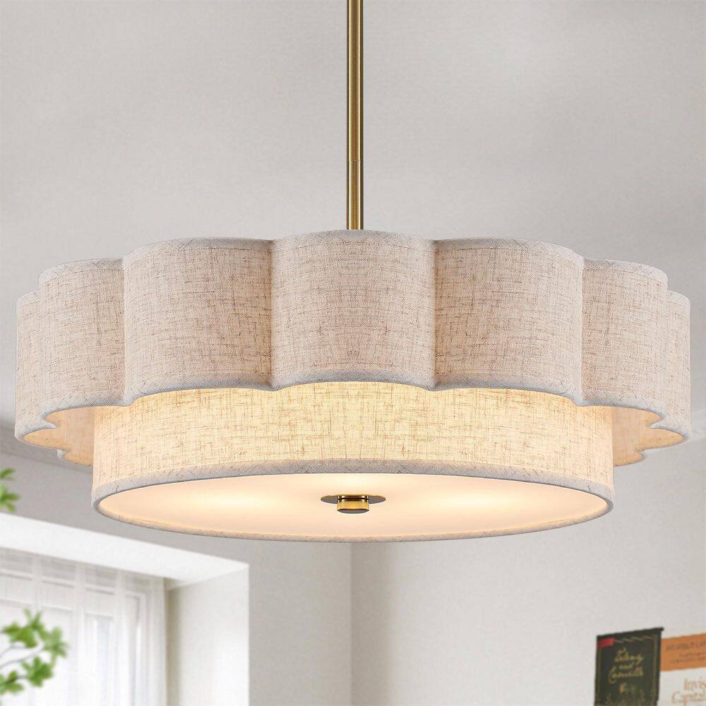 Modern 18 in. 3-Light Vintage Brass Drum Chandelier Light Fixture with 2-Tier Flower-Shaped Fabrics Shade for Kitchen price history on PriceWatchPro