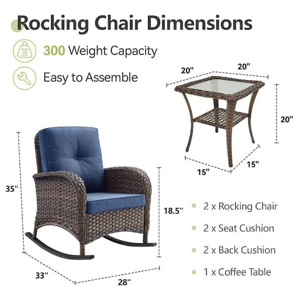 SleekArm Brown 3-Piece Wicker Outdoor Rocking Chair with Blue Cushions and Side Table Patio Rockers Poolside