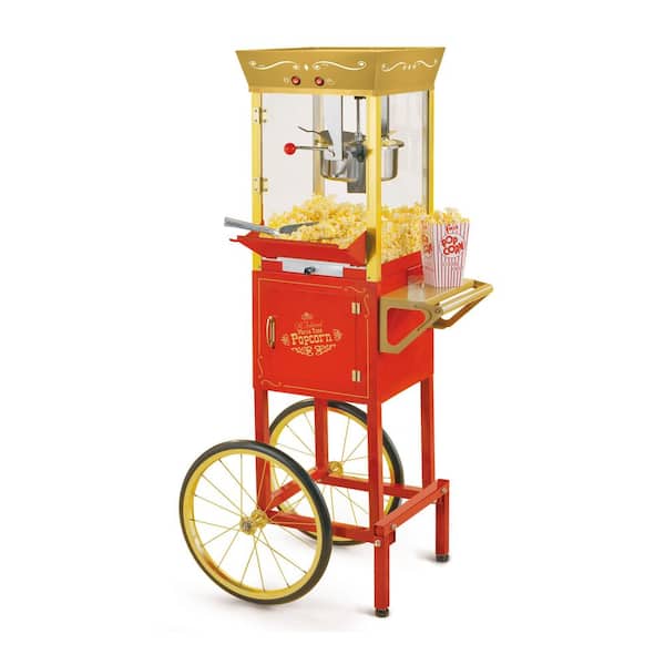 Nostalgia Vintage Professional 8 Oz Kettle Gold Popcorn Machine Cart with Interior Light, Measuring Spoons and Scoop