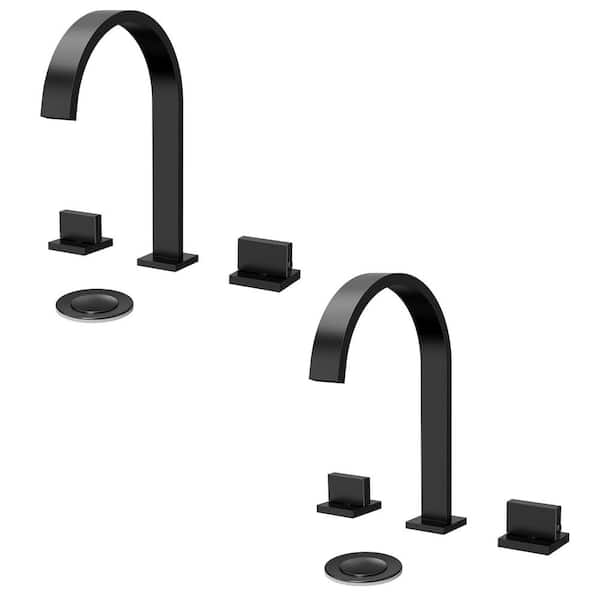 CubeLine High Arc 8 in. Widespread Double Handle Bathroom Faucet in Matte Black Drain Included (2-Pack)