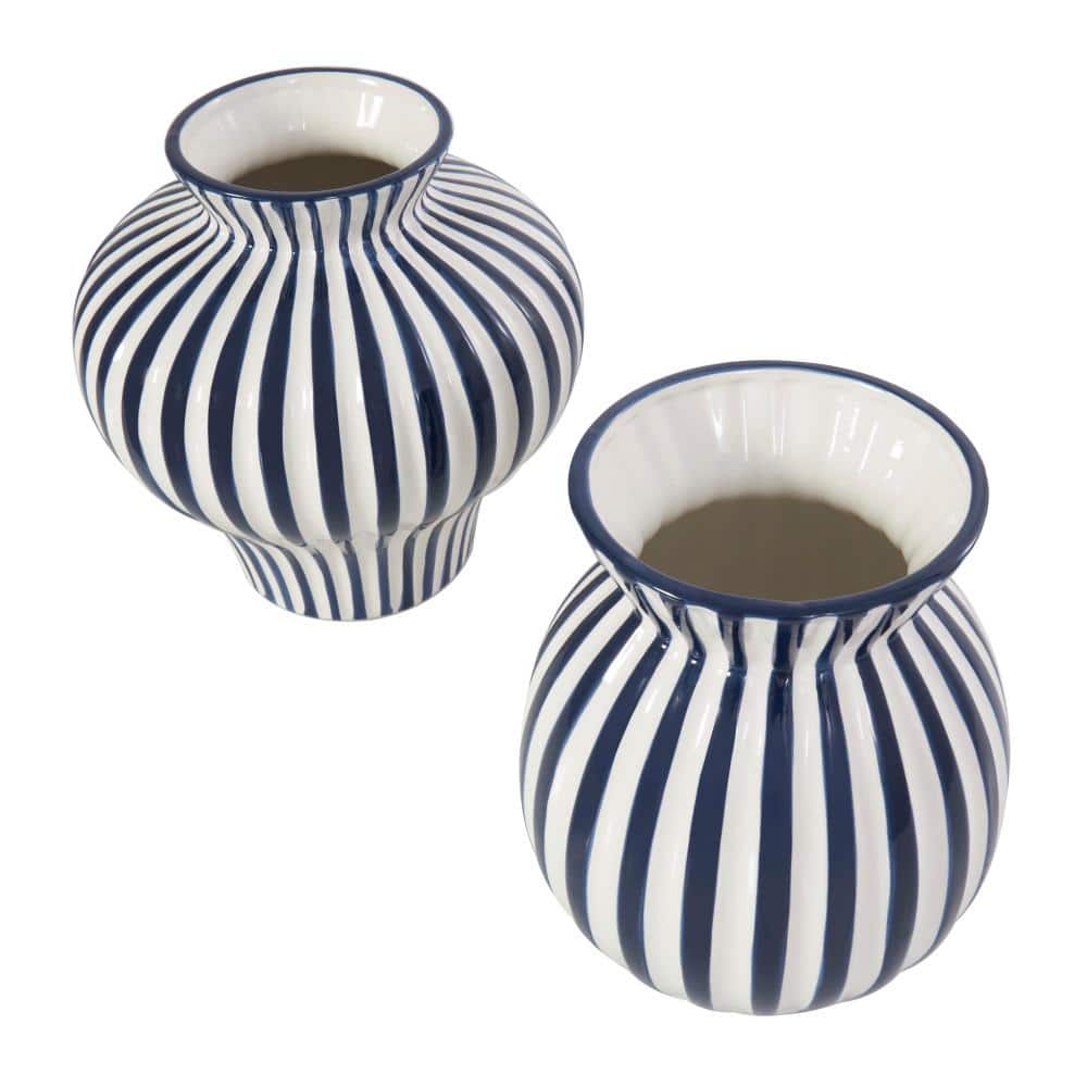Blue and White Striped Ceramic Table Vase Set